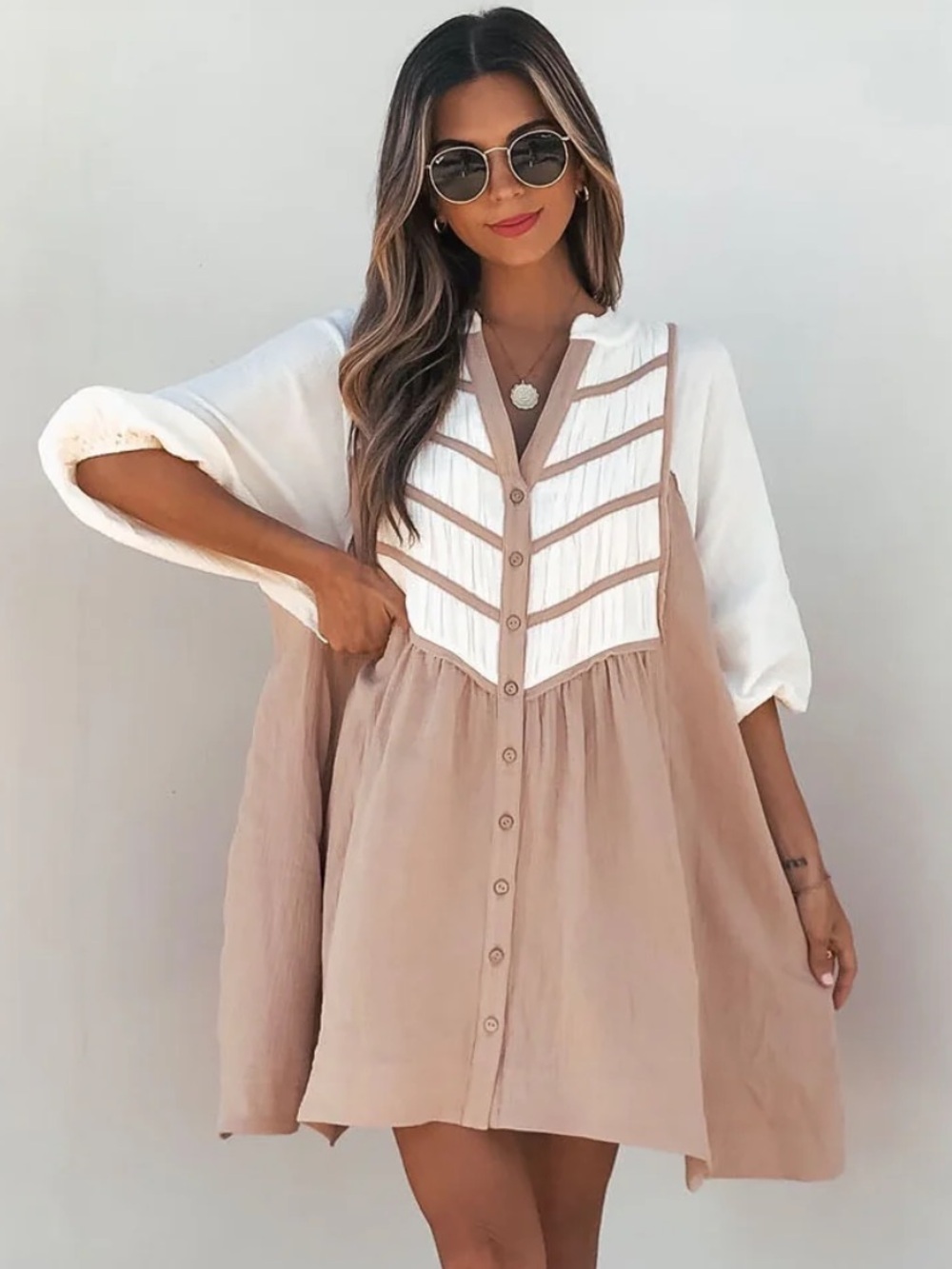 Flowy V-Neck Button Front Dress in Beige and White